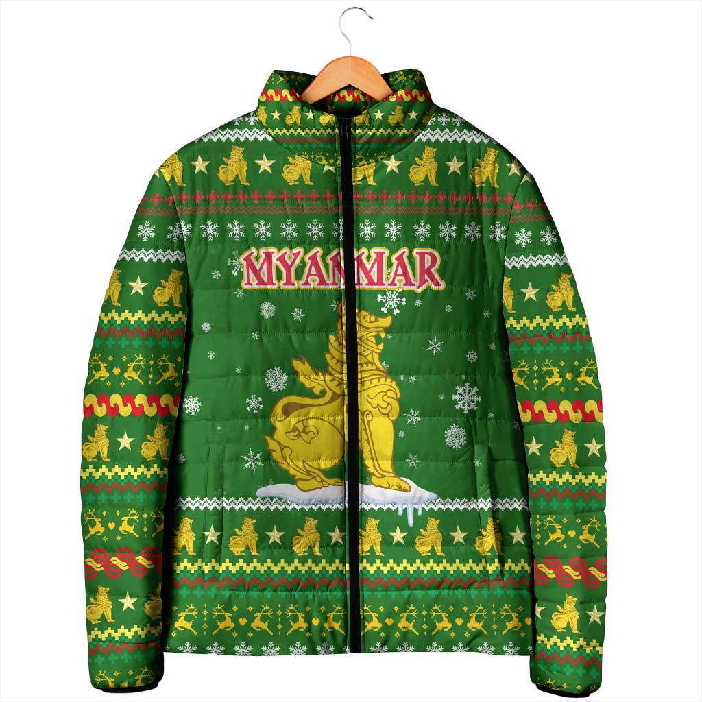 Myanmar Christmas Padded Jacket with Green-Gold Theme, Chinthe Lion, and Santa Motif - Wonder Print Shop