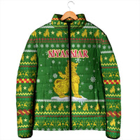 Myanmar Christmas Padded Jacket with Green-Gold Theme, Chinthe Lion, and Santa Motif - Wonder Print Shop