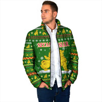 Myanmar Christmas Padded Jacket with Green-Gold Theme, Chinthe Lion, and Santa Motif - Wonder Print Shop
