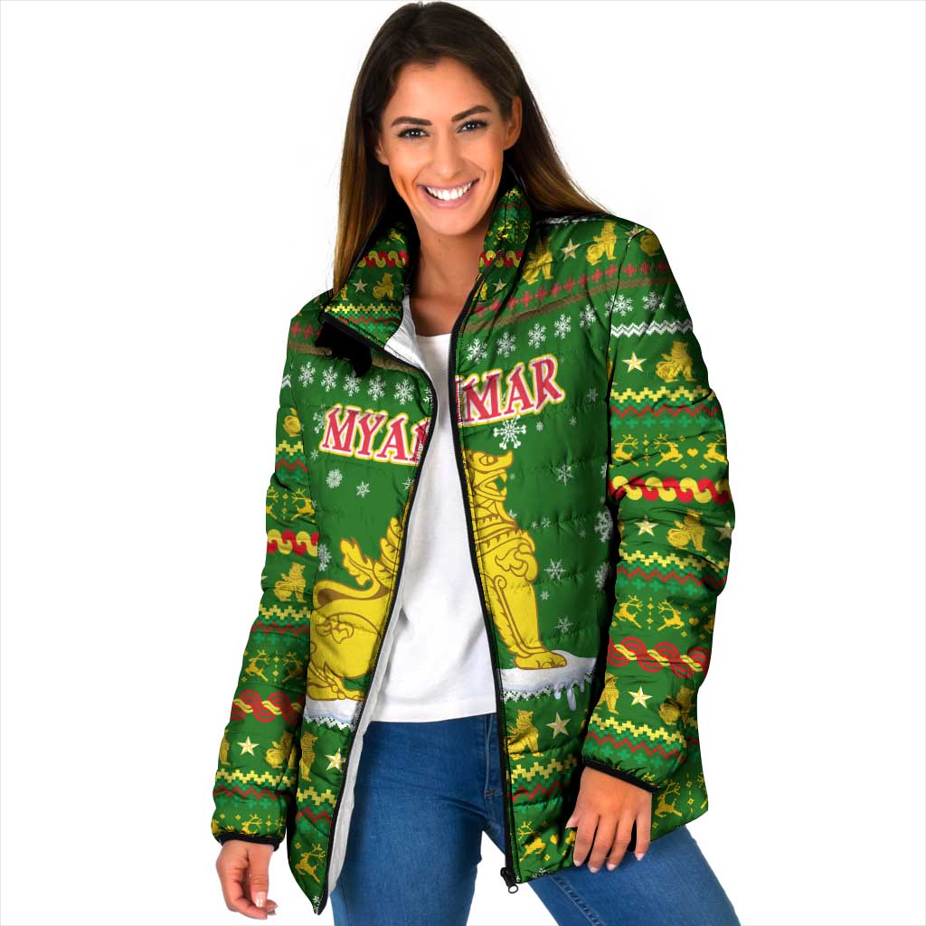 Myanmar Christmas Padded Jacket with Green-Gold Theme, Chinthe Lion, and Santa Motif - Wonder Print Shop