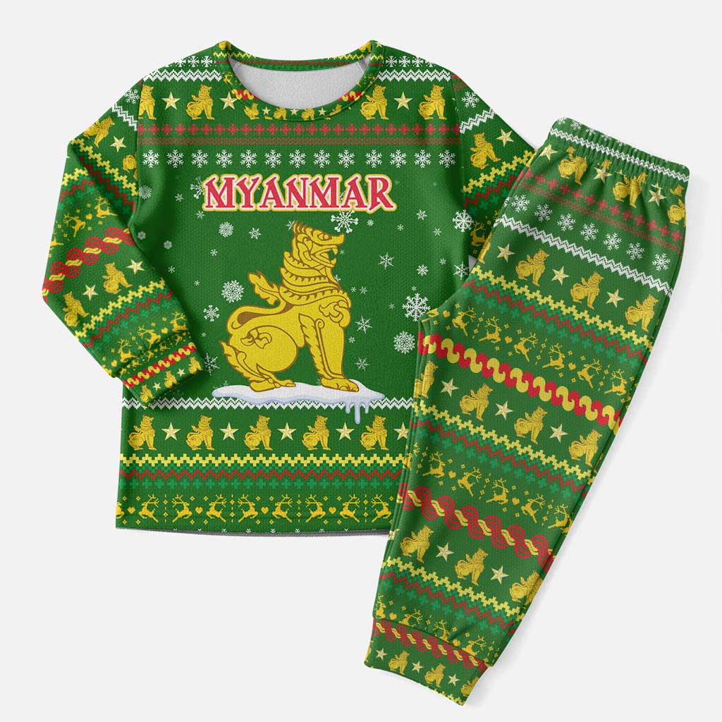 Myanmar Christmas Pajama Set with Green-Gold Theme, Chinthe Lion, and Santa Motif - Wonder Print Shop