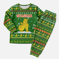 Myanmar Christmas Pajama Set with Green-Gold Theme, Chinthe Lion, and Santa Motif - Wonder Print Shop