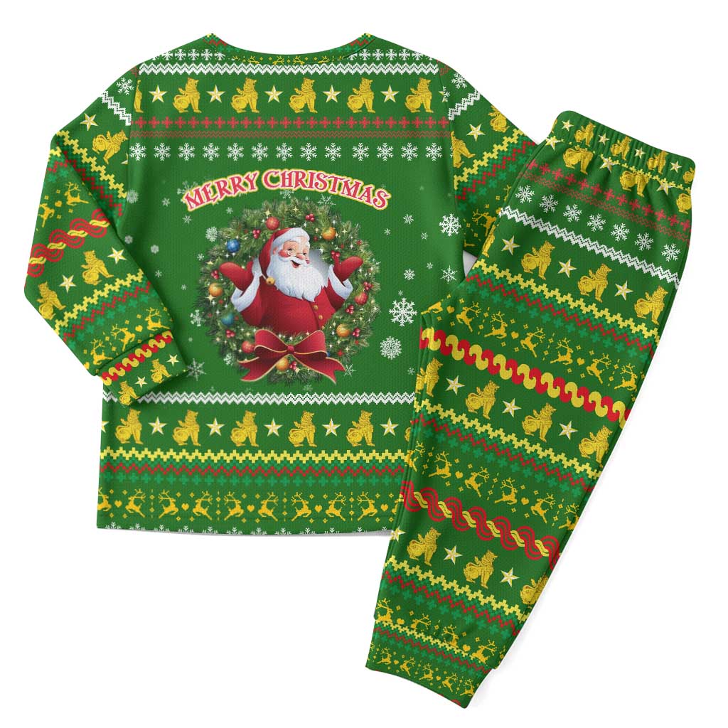 Myanmar Christmas Pajama Set with Green-Gold Theme, Chinthe Lion, and Santa Motif - Wonder Print Shop