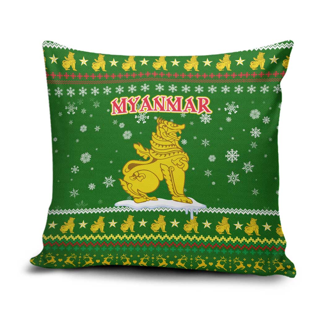 Myanmar Christmas Pillow Cover with Green-Gold Theme, Chinthe Lion, and Santa Motif - Wonder Print Shop
