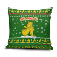 Myanmar Christmas Pillow Cover with Green-Gold Theme, Chinthe Lion, and Santa Motif - Wonder Print Shop