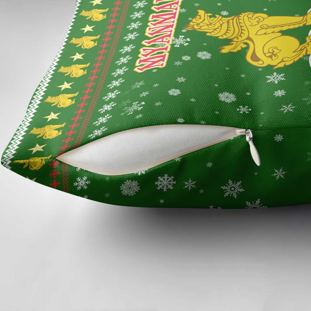 Myanmar Christmas Pillow Cover with Green-Gold Theme, Chinthe Lion, and Santa Motif - Wonder Print Shop