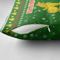 Myanmar Christmas Pillow Cover with Green-Gold Theme, Chinthe Lion, and Santa Motif - Wonder Print Shop