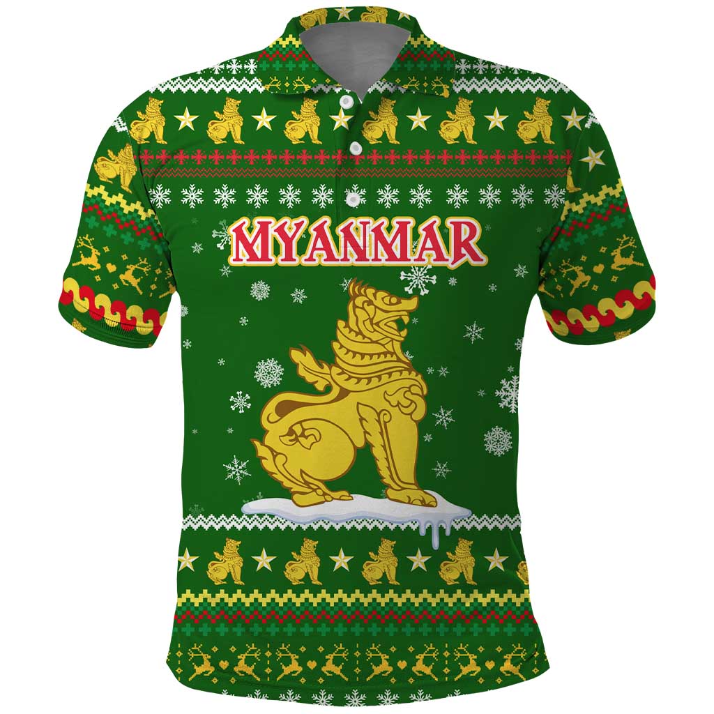 Myanmar Christmas Polo Shirt with Green-Gold Theme, Chinthe Lion, and Santa Motif - Wonder Print Shop