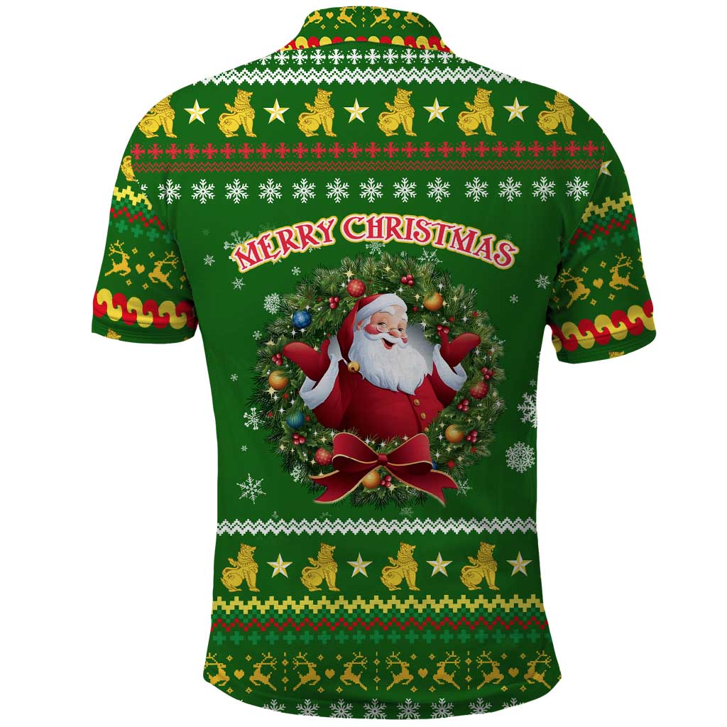 Myanmar Christmas Polo Shirt with Green-Gold Theme, Chinthe Lion, and Santa Motif - Wonder Print Shop