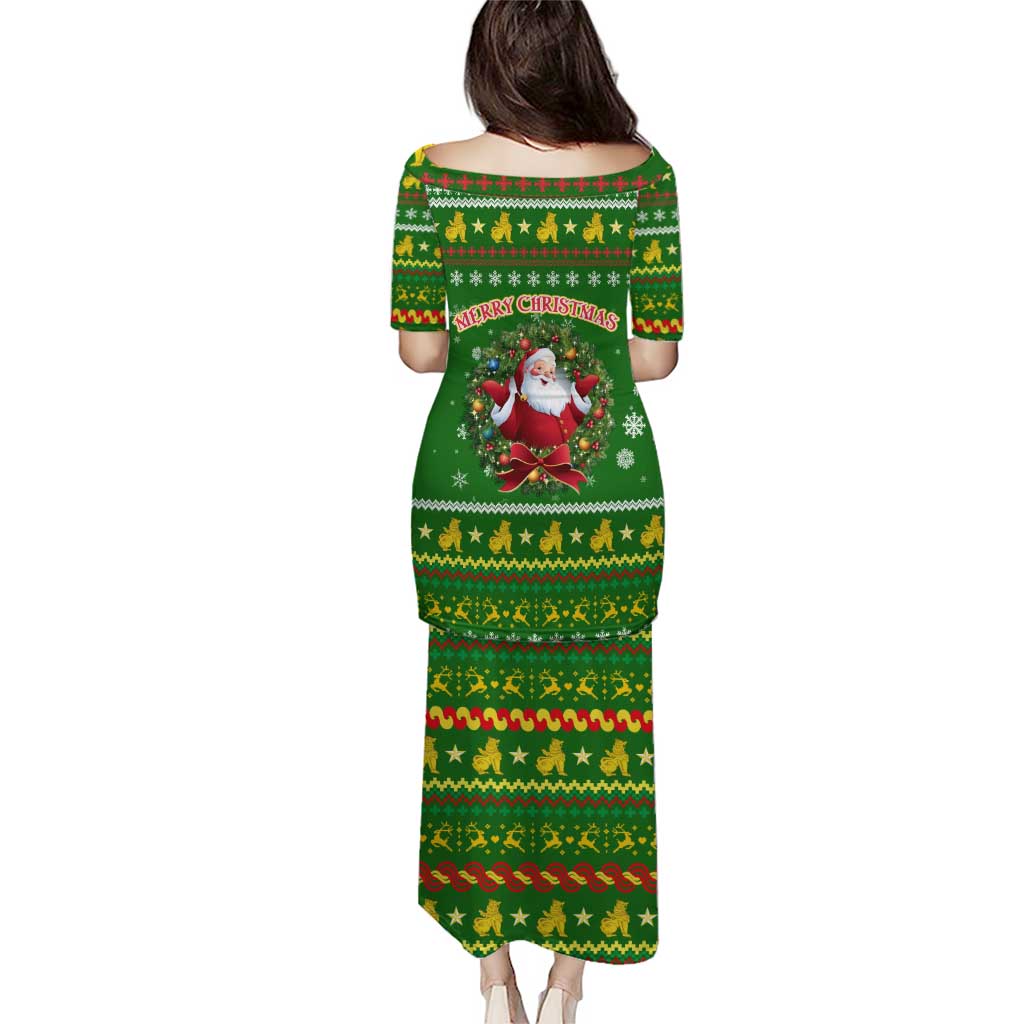 Myanmar Christmas Puletasi with Green-Gold Theme, Chinthe Lion, and Santa Motif - Wonder Print Shop