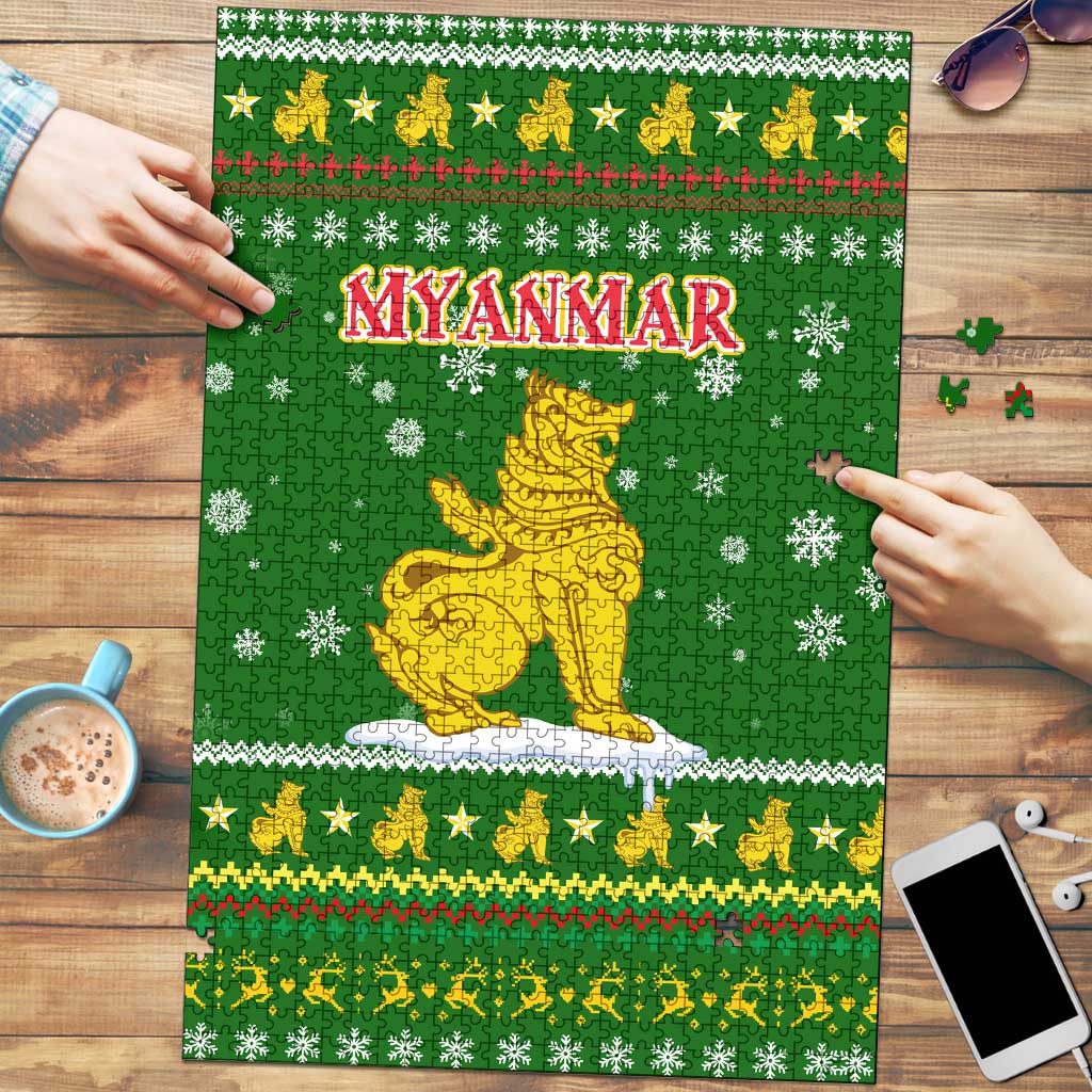 Myanmar Christmas Puzzle with Green-Gold Theme, Chinthe Lion, and Santa Motif - Wonder Print Shop