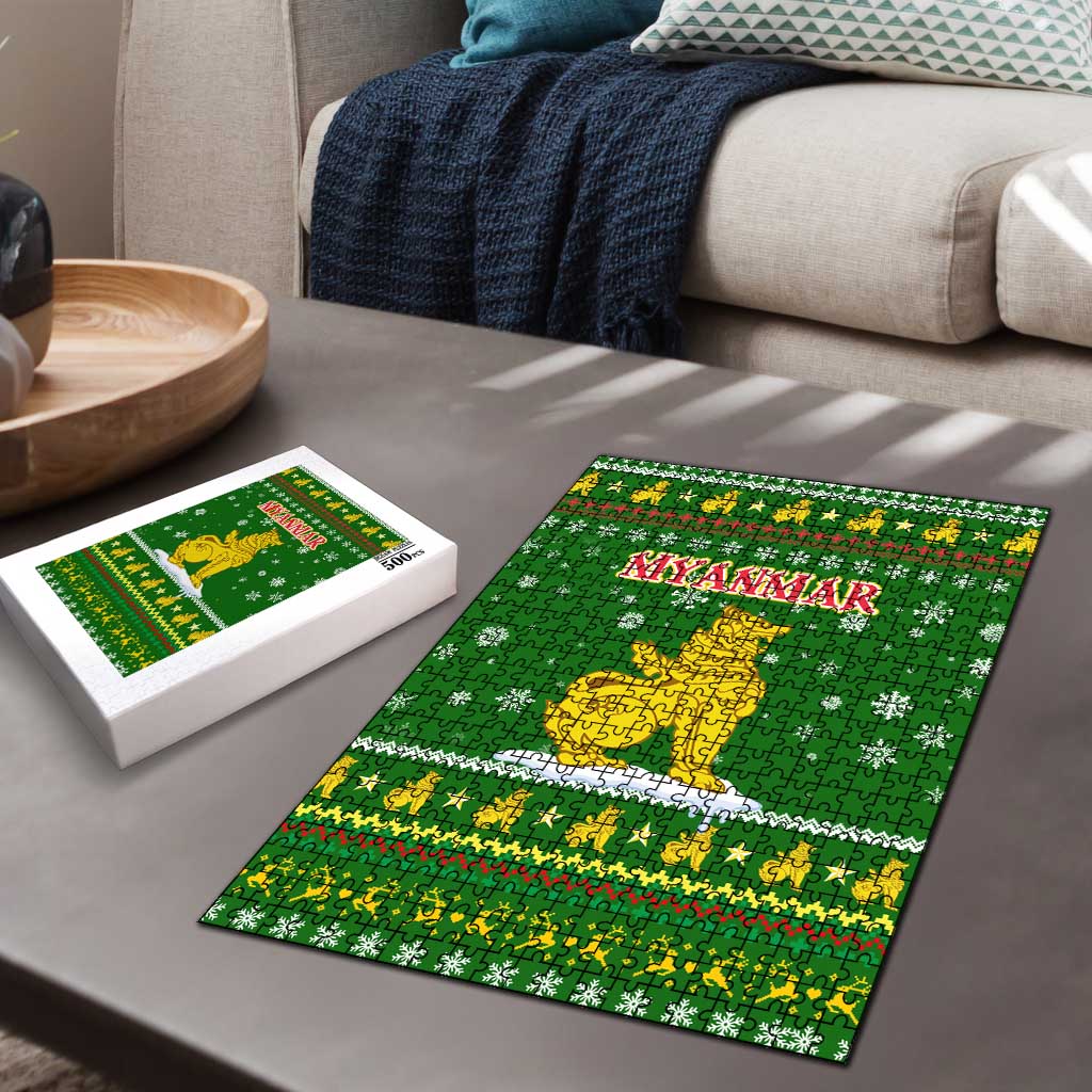 Myanmar Christmas Puzzle with Green-Gold Theme, Chinthe Lion, and Santa Motif - Wonder Print Shop