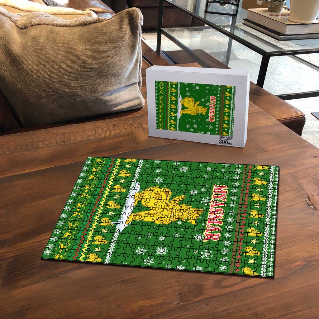Myanmar Christmas Puzzle with Green-Gold Theme, Chinthe Lion, and Santa Motif - Wonder Print Shop