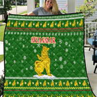 Myanmar Christmas Quilt with Green-Gold Theme, Chinthe Lion, and Santa Motif - Wonder Print Shop