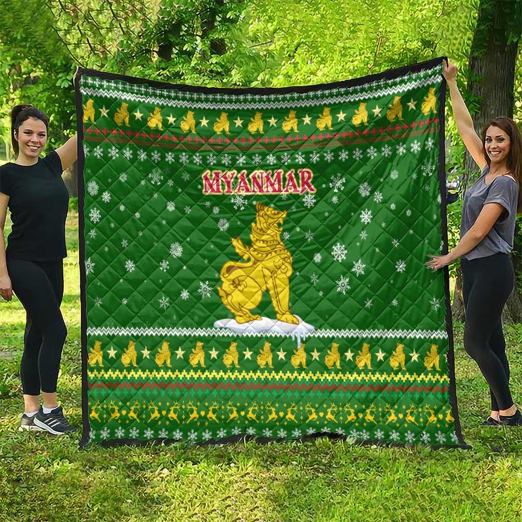 Myanmar Christmas Quilt with Green-Gold Theme, Chinthe Lion, and Santa Motif - Wonder Print Shop