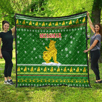 Myanmar Christmas Quilt with Green-Gold Theme, Chinthe Lion, and Santa Motif - Wonder Print Shop