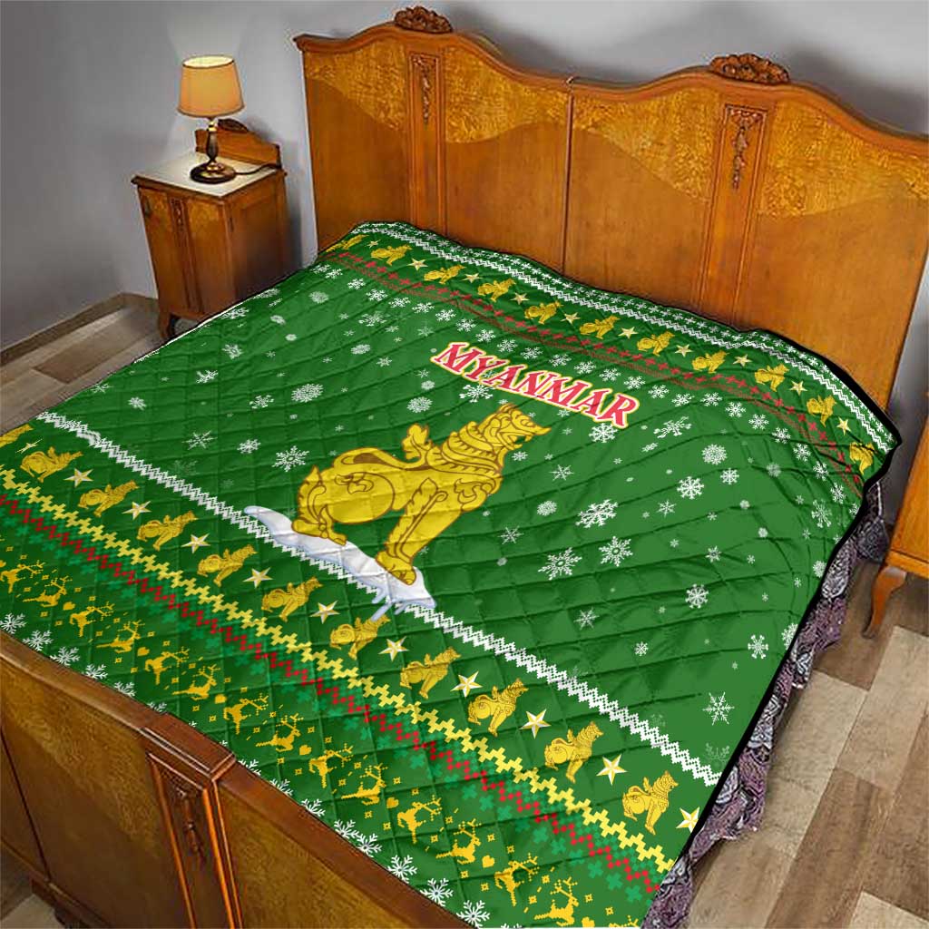 Myanmar Christmas Quilt with Green-Gold Theme, Chinthe Lion, and Santa Motif - Wonder Print Shop