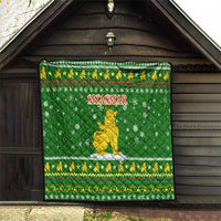 Myanmar Christmas Quilt with Green-Gold Theme, Chinthe Lion, and Santa Motif - Wonder Print Shop