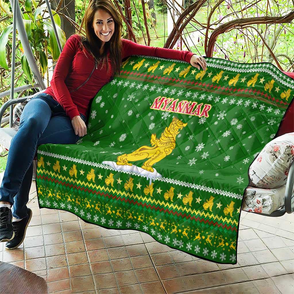 Myanmar Christmas Quilt with Green-Gold Theme, Chinthe Lion, and Santa Motif - Wonder Print Shop