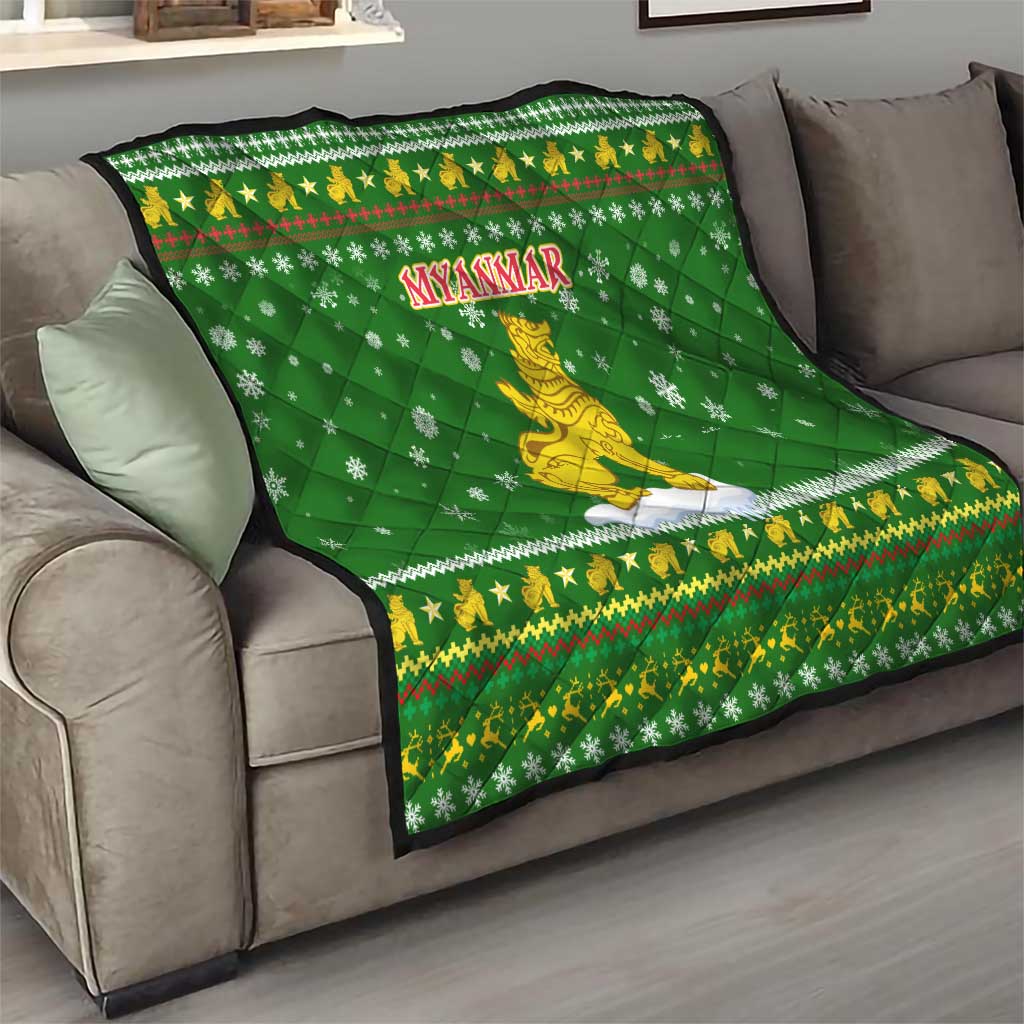 Myanmar Christmas Quilt with Green-Gold Theme, Chinthe Lion, and Santa Motif - Wonder Print Shop
