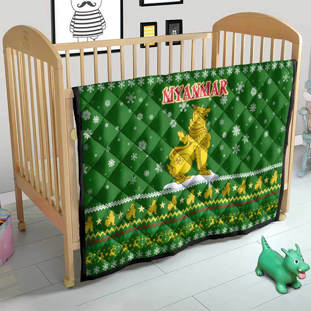 Myanmar Christmas Quilt with Green-Gold Theme, Chinthe Lion, and Santa Motif - Wonder Print Shop