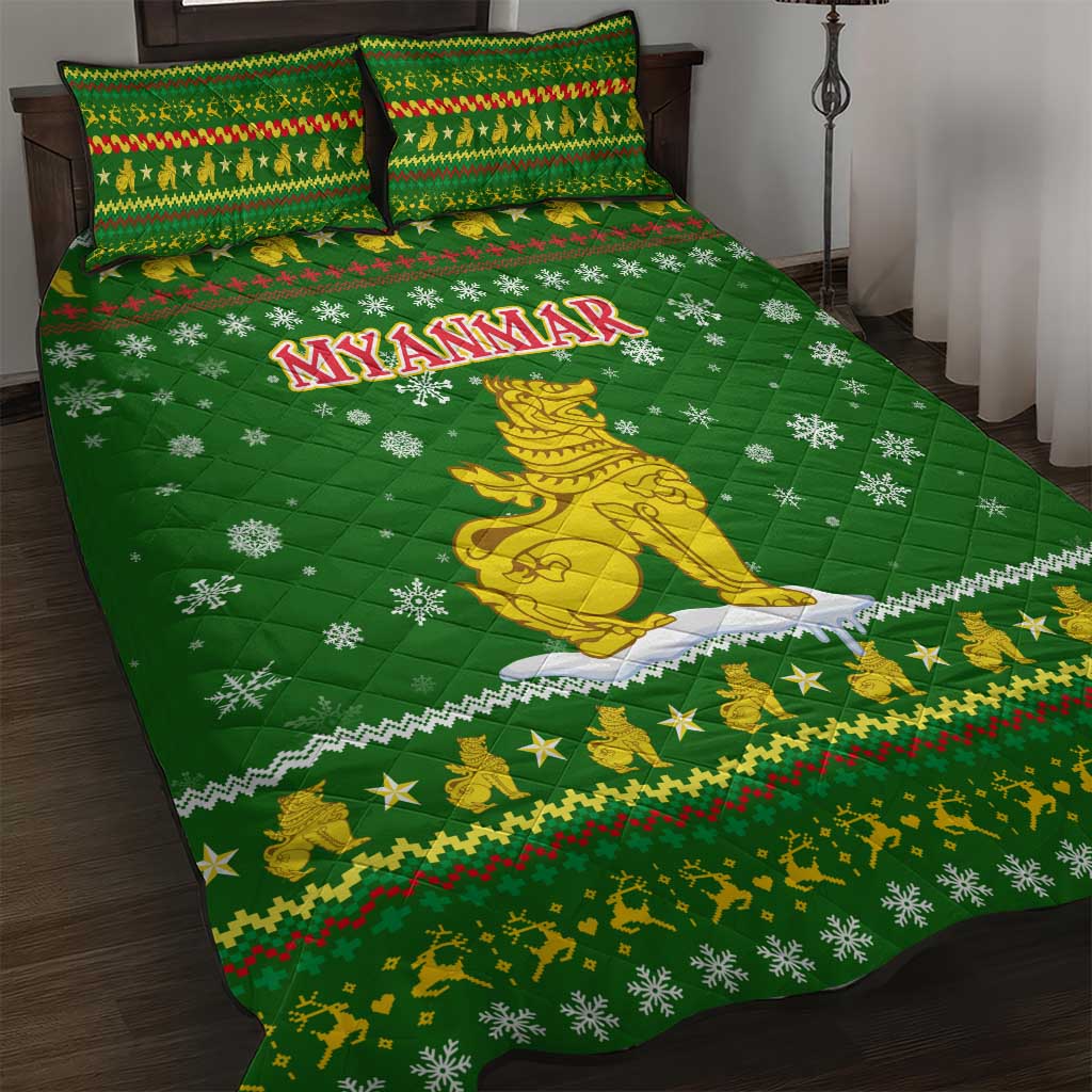 Myanmar Christmas Quilt Bed Set with Green-Gold Theme, Chinthe Lion, and Santa Motif - Wonder Print Shop