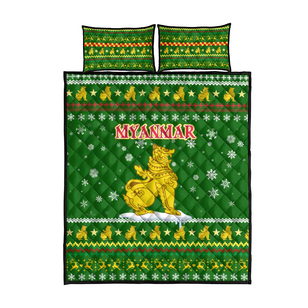 Myanmar Christmas Quilt Bed Set with Green-Gold Theme, Chinthe Lion, and Santa Motif - Wonder Print Shop