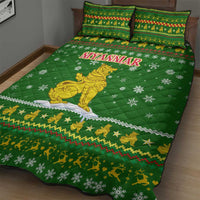 Myanmar Christmas Quilt Bed Set with Green-Gold Theme, Chinthe Lion, and Santa Motif - Wonder Print Shop
