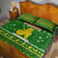 Myanmar Christmas Quilt Bed Set with Green-Gold Theme, Chinthe Lion, and Santa Motif - Wonder Print Shop