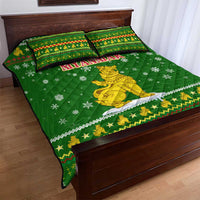 Myanmar Christmas Quilt Bed Set with Green-Gold Theme, Chinthe Lion, and Santa Motif - Wonder Print Shop