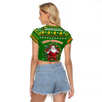Myanmar Christmas Raglan Cropped T Shirt with Green-Gold Theme, Chinthe Lion, and Santa Motif - Wonder Print Shop