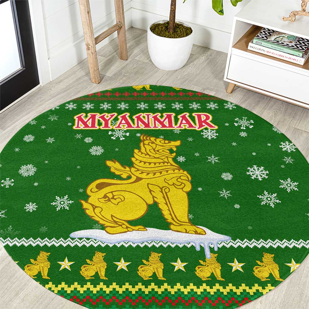 Myanmar Christmas Round Carpet with Green-Gold Theme, Chinthe Lion, and Santa Motif - Wonder Print Shop
