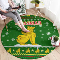 Myanmar Christmas Round Carpet with Green-Gold Theme, Chinthe Lion, and Santa Motif - Wonder Print Shop