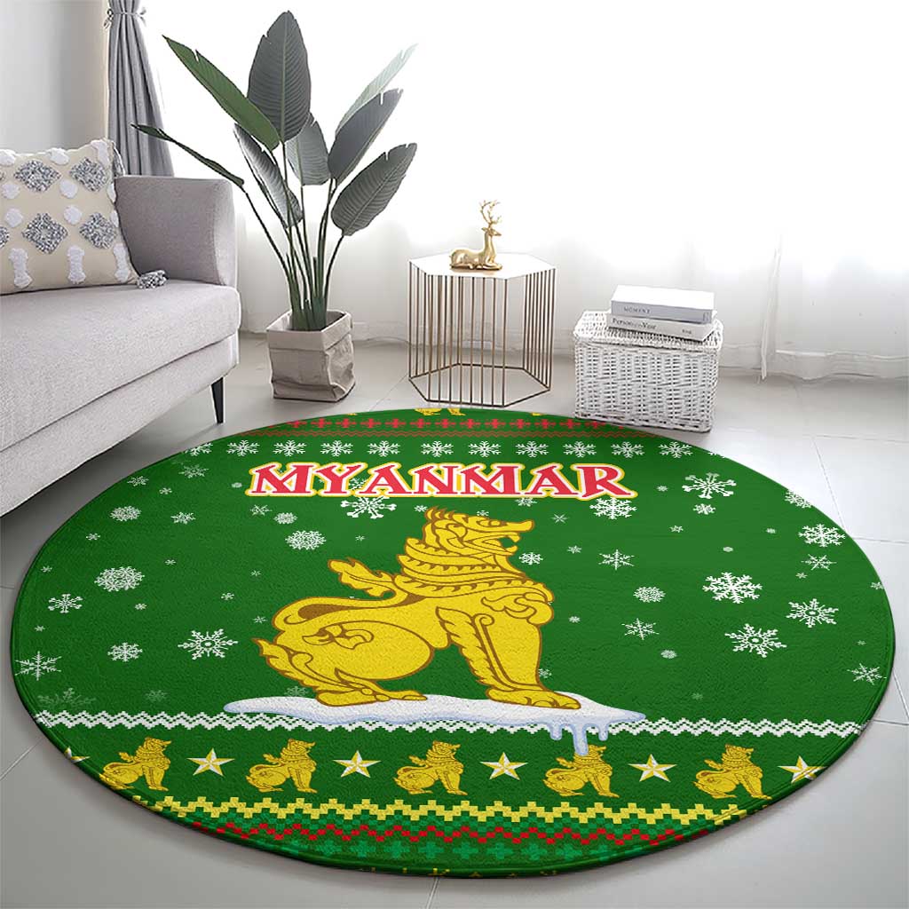 Myanmar Christmas Round Carpet with Green-Gold Theme, Chinthe Lion, and Santa Motif - Wonder Print Shop