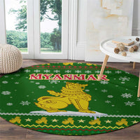 Myanmar Christmas Round Carpet with Green-Gold Theme, Chinthe Lion, and Santa Motif - Wonder Print Shop