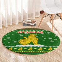 Myanmar Christmas Round Carpet with Green-Gold Theme, Chinthe Lion, and Santa Motif - Wonder Print Shop
