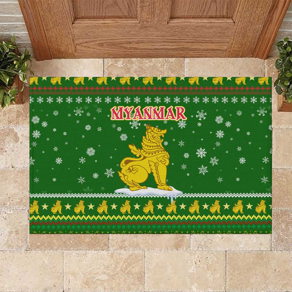 Myanmar Christmas Rubber Doormat with Green-Gold Theme, Chinthe Lion, and Santa Motif - Wonder Print Shop