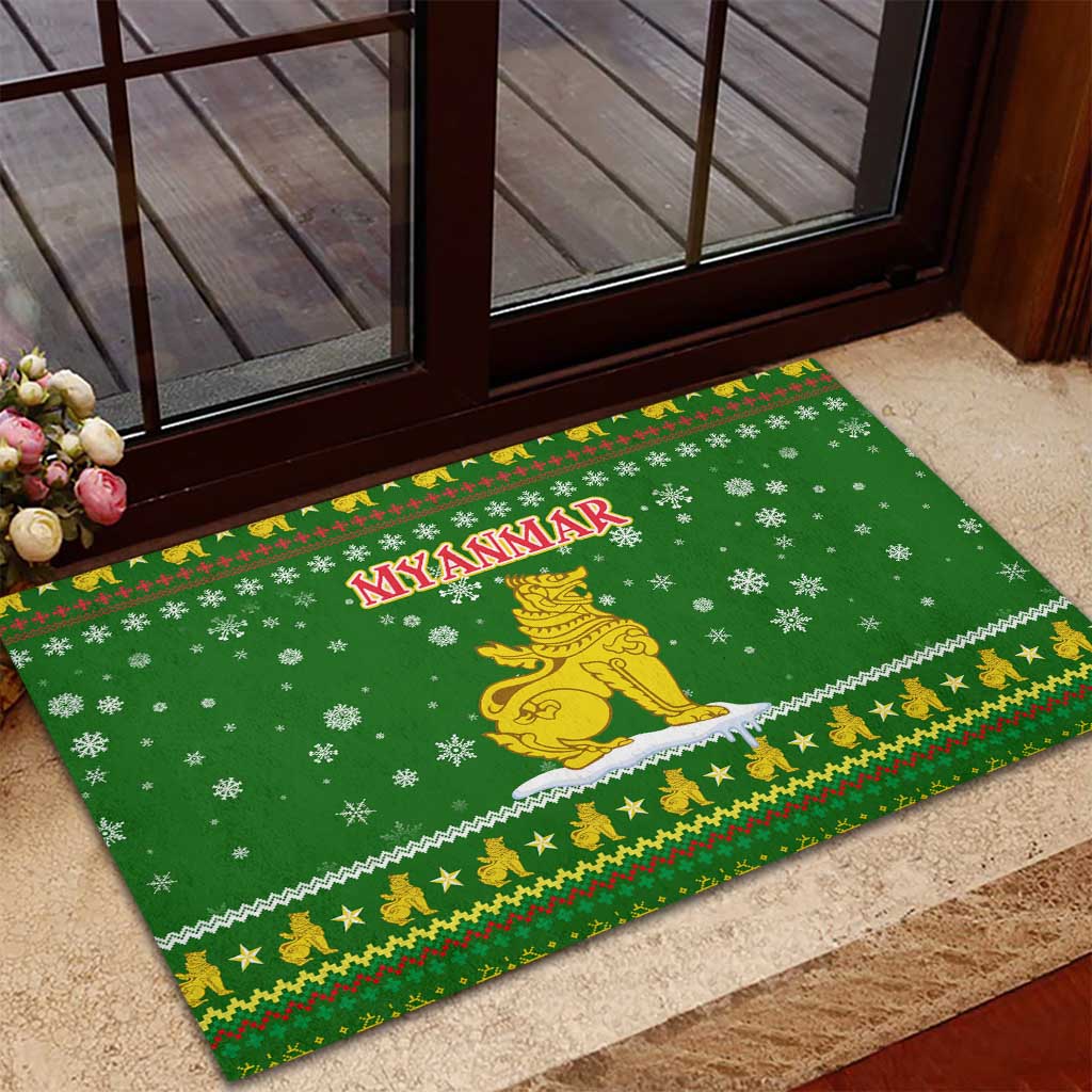 Myanmar Christmas Rubber Doormat with Green-Gold Theme, Chinthe Lion, and Santa Motif - Wonder Print Shop