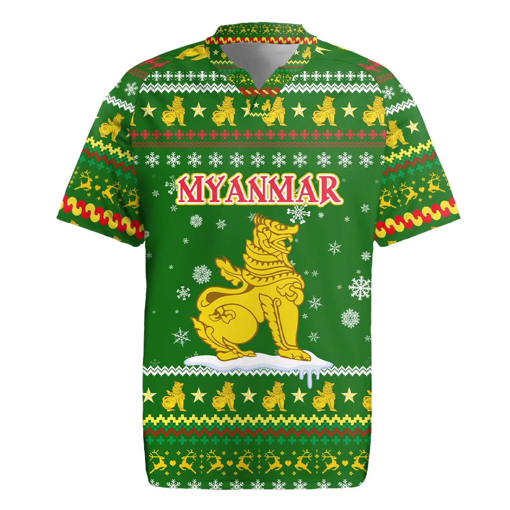 Myanmar Christmas Rugby Jersey with Green-Gold Theme, Chinthe Lion, and Santa Motif - Wonder Print Shop
