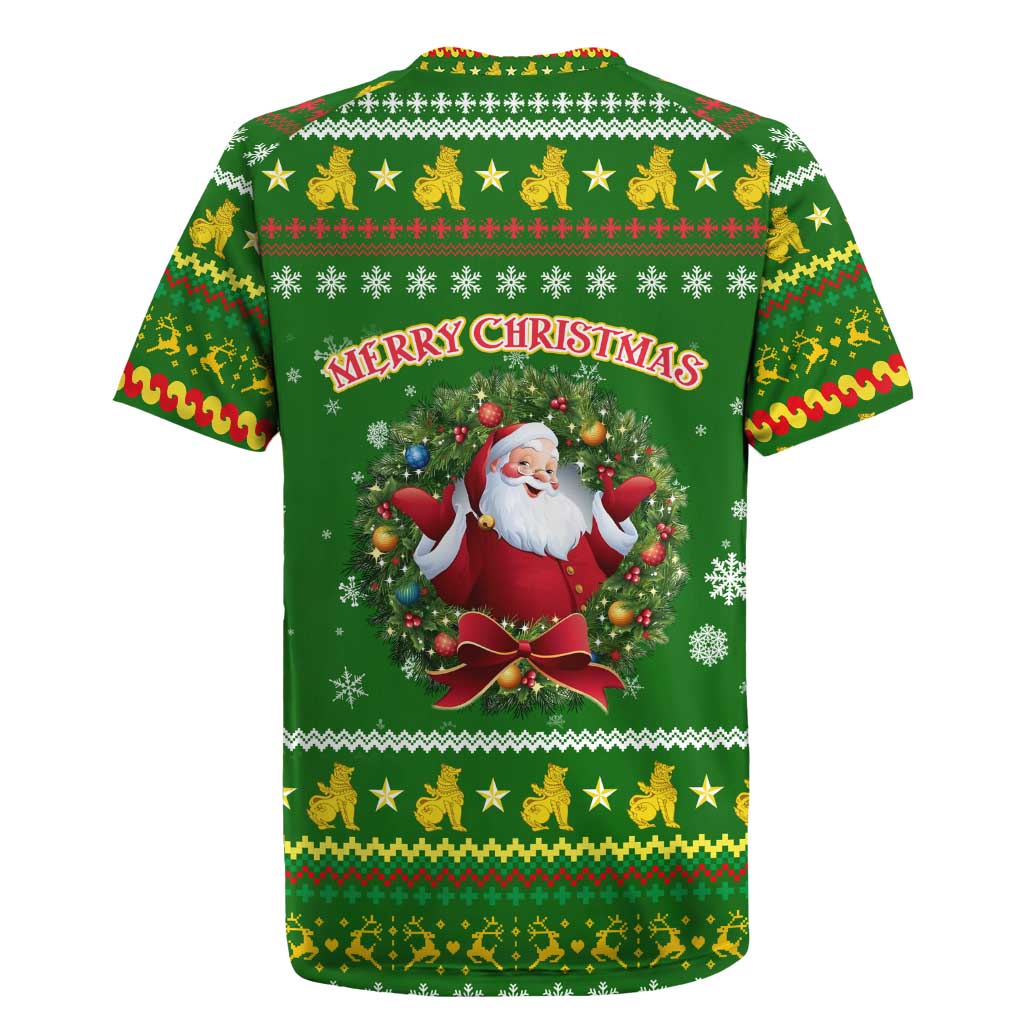 Myanmar Christmas Rugby Jersey with Green-Gold Theme, Chinthe Lion, and Santa Motif - Wonder Print Shop