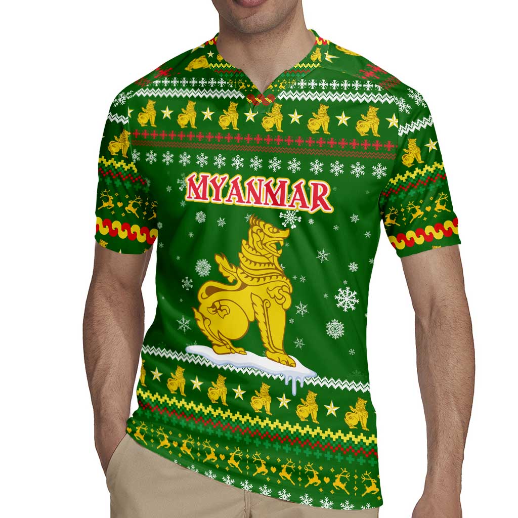 Myanmar Christmas Rugby Jersey with Green-Gold Theme, Chinthe Lion, and Santa Motif - Wonder Print Shop