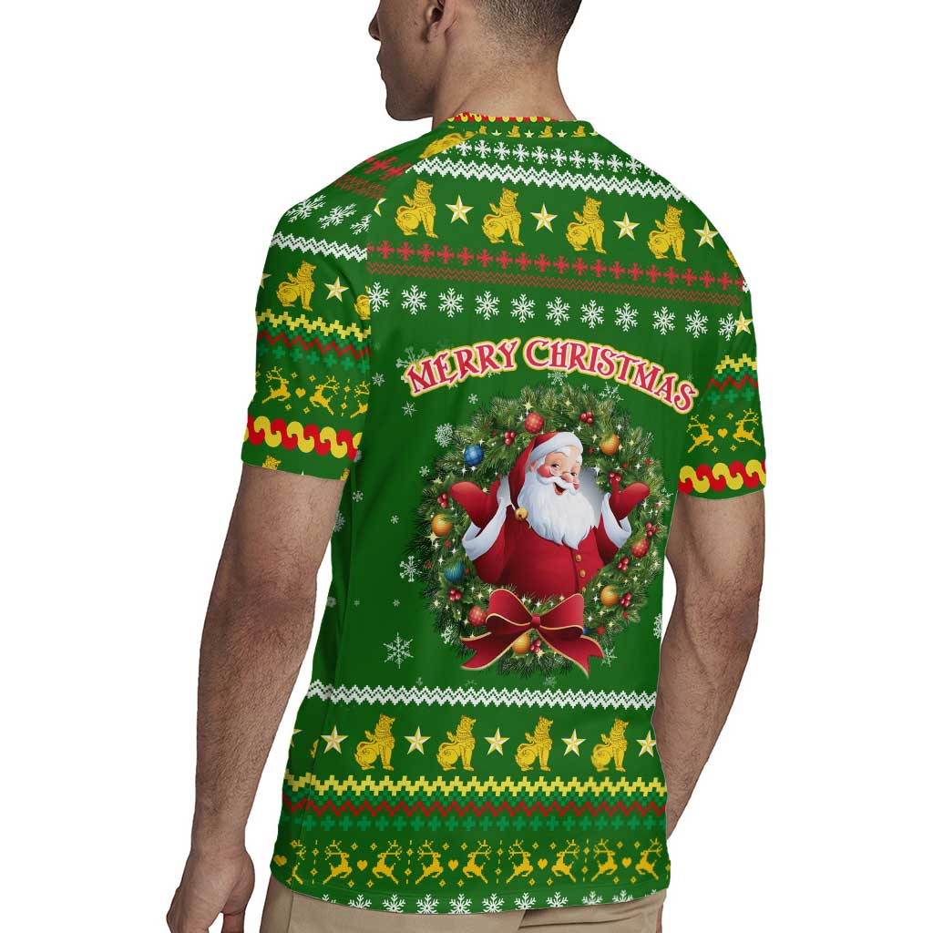Myanmar Christmas Rugby Jersey with Green-Gold Theme, Chinthe Lion, and Santa Motif - Wonder Print Shop