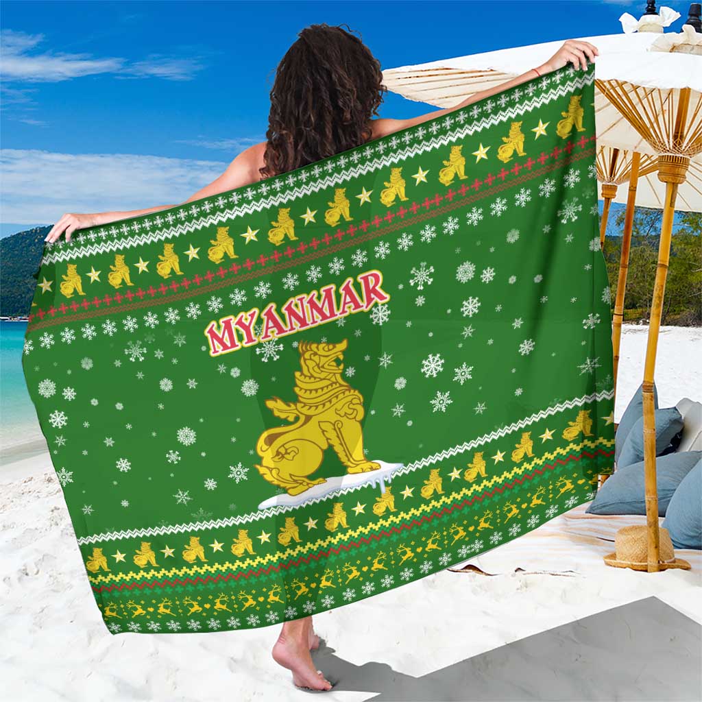 Myanmar Christmas Sarong with Green-Gold Theme, Chinthe Lion, and Santa Motif - Wonder Print Shop