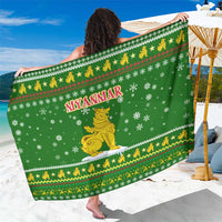 Myanmar Christmas Sarong with Green-Gold Theme, Chinthe Lion, and Santa Motif - Wonder Print Shop