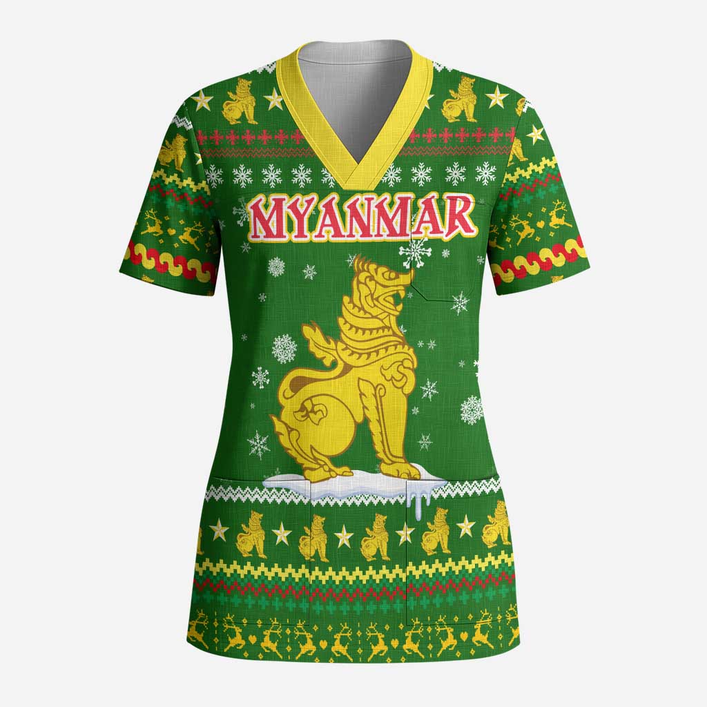 Myanmar Christmas Scrub Top with Green-Gold Theme, Chinthe Lion, and Santa Motif - Wonder Print Shop