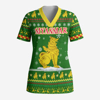 Myanmar Christmas Scrub Top with Green-Gold Theme, Chinthe Lion, and Santa Motif - Wonder Print Shop