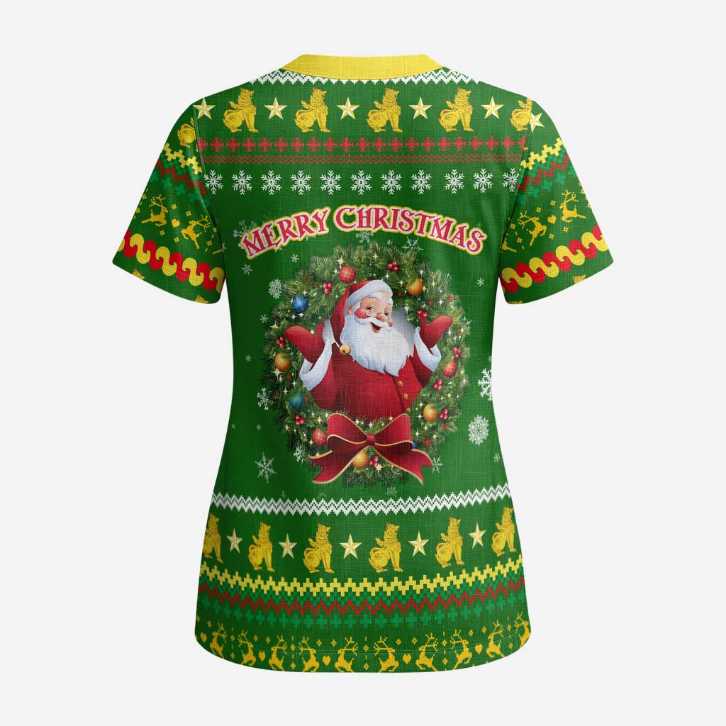 Myanmar Christmas Scrub Top with Green-Gold Theme, Chinthe Lion, and Santa Motif - Wonder Print Shop