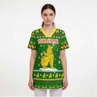 Myanmar Christmas Scrub Top with Green-Gold Theme, Chinthe Lion, and Santa Motif - Wonder Print Shop