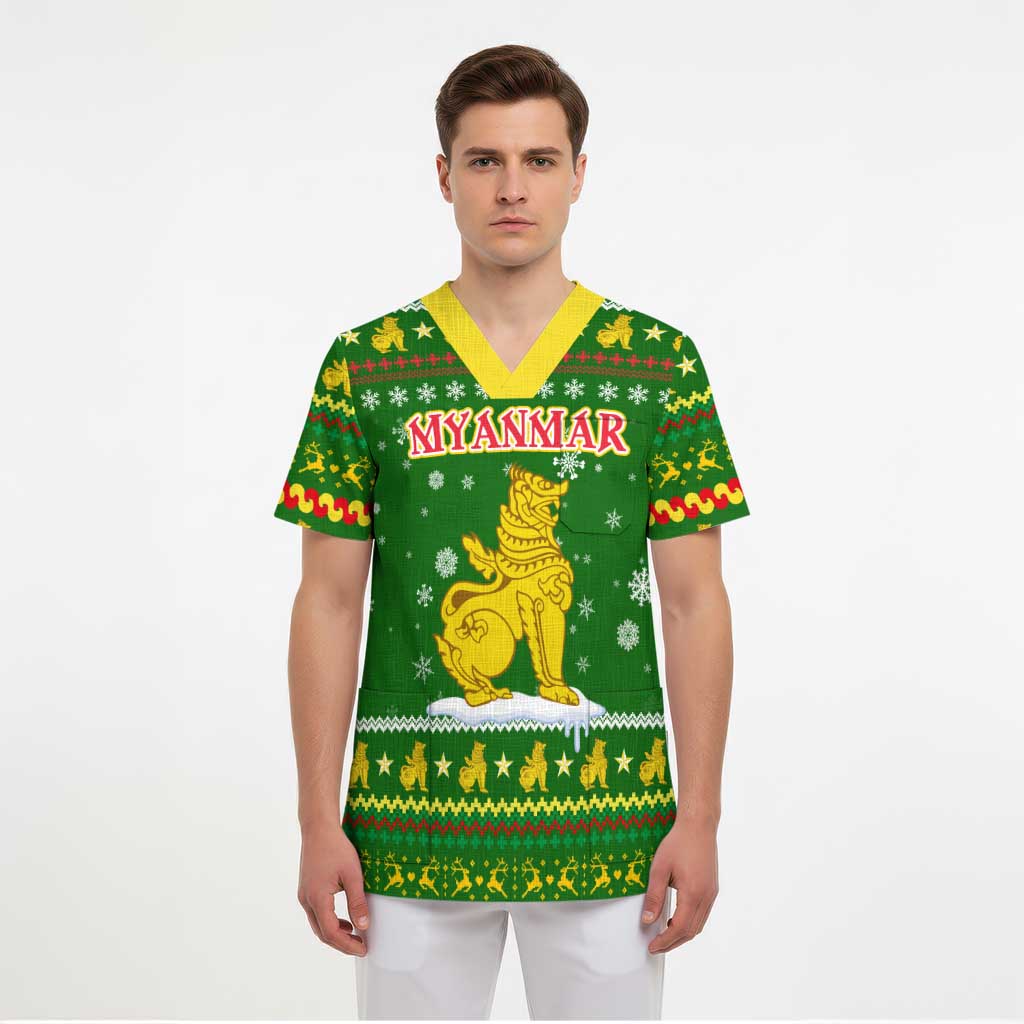 Myanmar Christmas Scrub Top with Green-Gold Theme, Chinthe Lion, and Santa Motif - Wonder Print Shop
