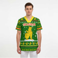 Myanmar Christmas Scrub Top with Green-Gold Theme, Chinthe Lion, and Santa Motif - Wonder Print Shop